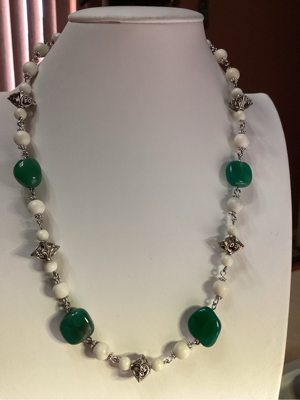 Ivory Jasper Necklace with Green Gemstones Silver accents 21 inches